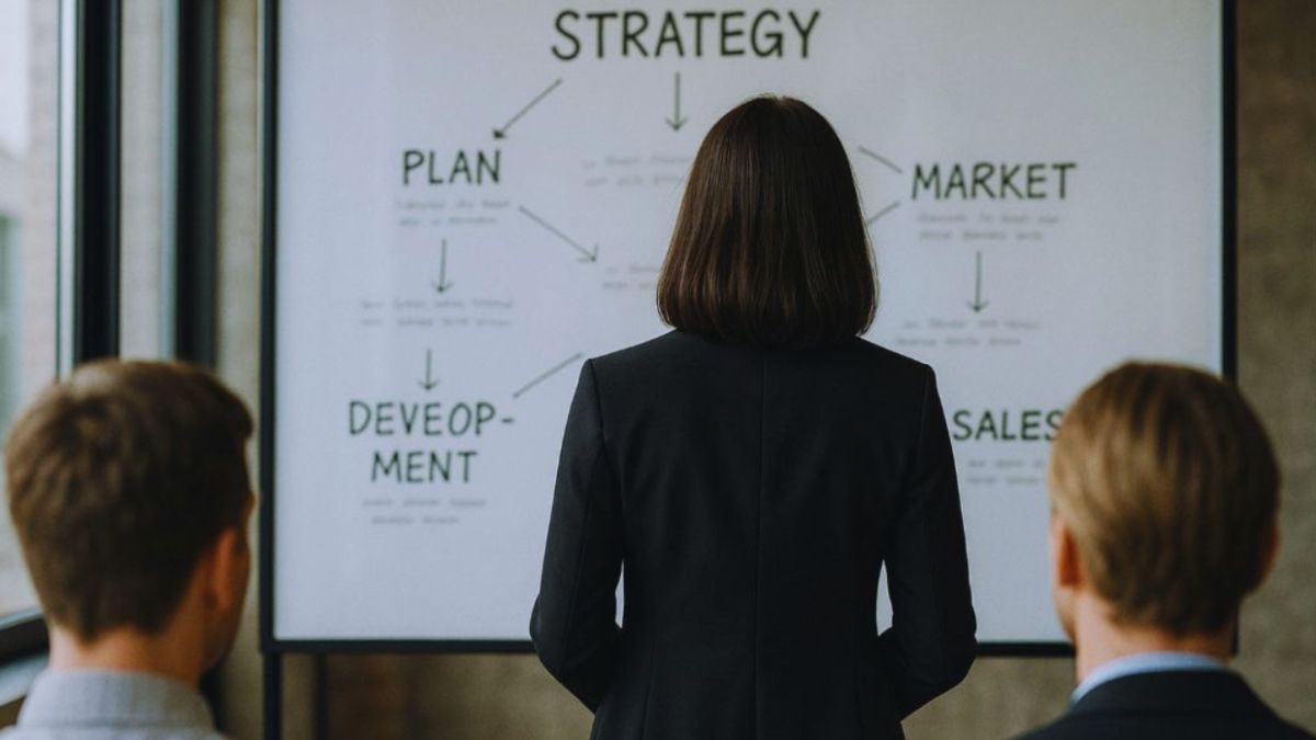 Woman in a suit presenting a business formation strategy diagram on a whiteboard labeled “Strategy,” with branches to “Plan,” “Development,” “Market,” and “Sales,” while two seated colleagues listen.