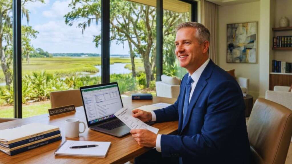 A collection attorney reviewing unpaid invoice documents on a laptop in a Hilton Head Island law office.