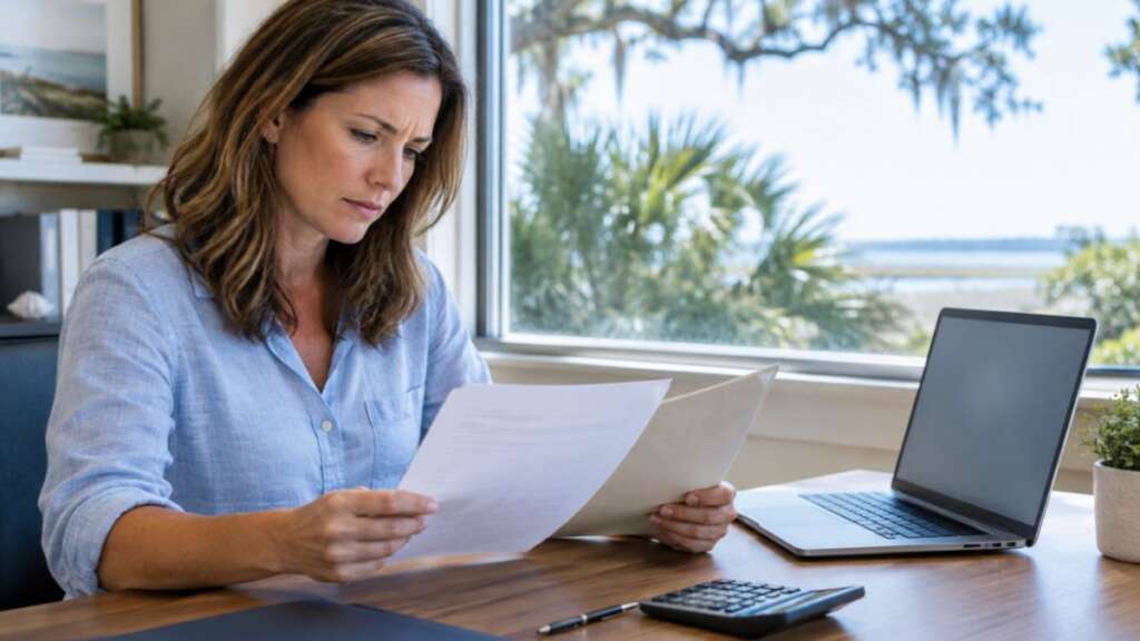 Small-business owner in Hilton Head Island reviewing overdue account documents in a bright office.