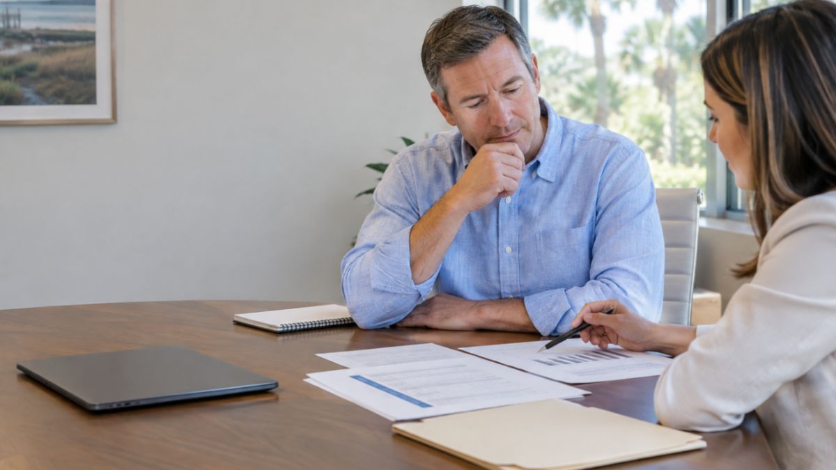 Business owners reviewing overdue account records and payment documents in a Hilton Head Island office.